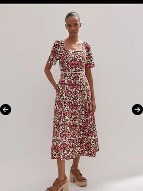 ME+EM Pink and Cream Square-Neck Patterned Midi Dress NWOT